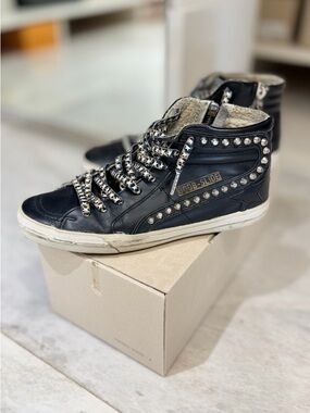 Golden Goose Slide Studded High-Top Sneakers in Black with Red Soles